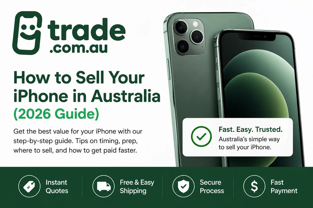 Sell iPhone in Australia 2026 guide banner featuring Trade.com.au logo and iPhone devices with tips on getting the best resale value through trade-in and second-hand marketplaces.