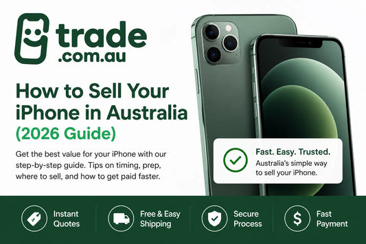 Sell iPhone in Australia 2026 guide banner featuring Trade.com.au logo and iPhone devices with tips on getting the best resale value through trade-in and second-hand marketplaces.