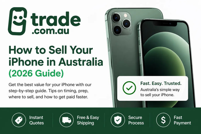 Sell iPhone in Australia 2026 guide banner featuring Trade.com.au logo and iPhone devices with tips on getting the best resale value through trade-in and second-hand marketplaces.