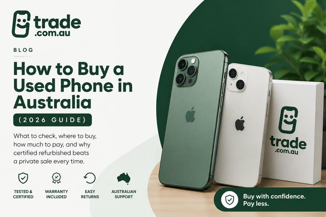 Trade.com.au blog banner showing certified refurbished iPhones with the title “How to Buy a Used Phone in Australia (2026 Guide)” and warranty icons.